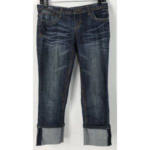 Almost Famous Jeans Juniors Size 3 Cuffed Capris Low Rise Embroidered Dark Wash
